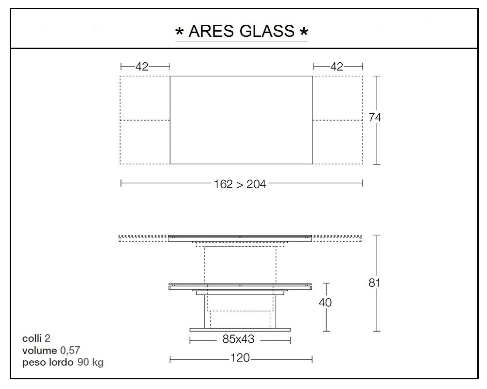 scheda tecnica tavolino trasformabile ares glass